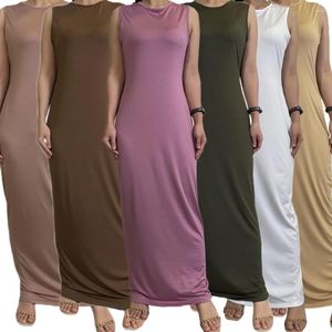 Ethnische Kleidung Bescheidene Ramadan-Kleider Islam für Frauen Dubai Abaya Türkei Arabisch Muslim Kleid Robe Wear Ärmellos Vestidos Einfarbig