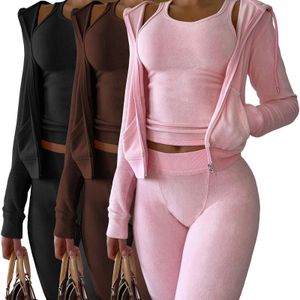 Womens Two Piece Pants Fall Winter Women 3pcs Set Sweatsuits Vest Short Sweatshirt Sweatpants And Hoodie Gym Jogger Sets Tracksuit Three 231024