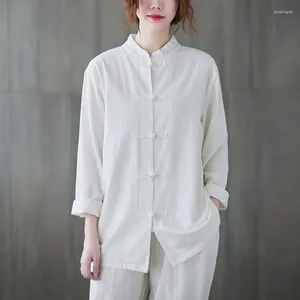 Camicette da donna TPJB camicie casual in lino e cotone vintage da donna top a manica lunga larghi da donna in tinta unita stile cinese