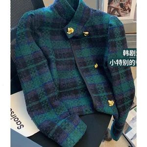 Kvinnors kostymer Blazers Green Plaid kortdräkt Jacka Kvinnors Autumn French Retro Ladies Western Stand Collar Long ärmar Blazers 231023