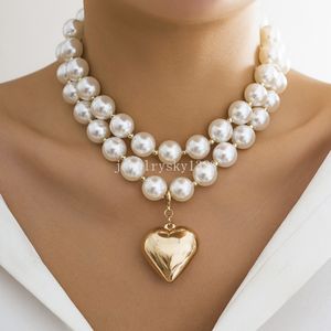 Multilayer White Pearl Beads Choker Necklace Women Wedding Party Luxury CCB Gold Color Heart Pendant Necklace Jewelry