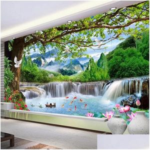 Tapeten Benutzerdefinierte Wandbild Grün Großer Baum Wald Wasserfall Natur Landschaft 3D P O Tapete Schlafzimmer Wohnzimmer Hintergrund Drop Delive Dhbs4