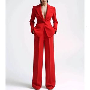 Women's Suits Blazers Women's Tailor Set Red Sex Suit Elegante V-Neck Blazer And Wide Leg Pants Set Broek Plus Maat Twee Stuk tailleur femmes ensemble231023