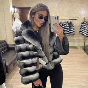 Casaco natural de pêlo feminino casacos de inverno curto Ladies Long Chinchilla Jacket Real Rex Rabbit Luxury Brand Contrast 231023