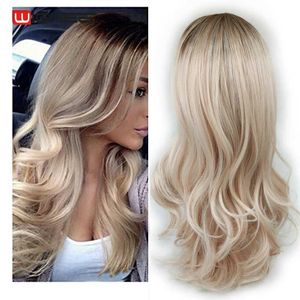 Syntetiska peruker Wignee Long Syntetiska peruker 2 ton ombre brun askblond värmemotstånd för kvinnor Glueless Wavy Daily Cosplay Natural Hair 230227