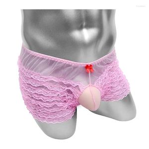 Mutande di pizzo con volant strato Sissy intimo uomo boxer con custodia per pene maglia trasparente vedere attraverso mutandine sexy gay lingerie esotica