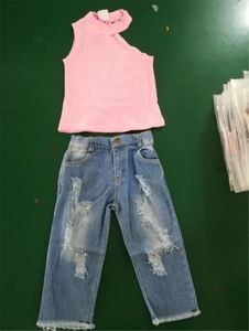 Kleidungssets für kleine Kinder, Baby, Mädchen, Ein-Schulter-Tanktop, zerrissene Denim-Jeanshosen, 2-teiliges Sommer-Outfit-Set