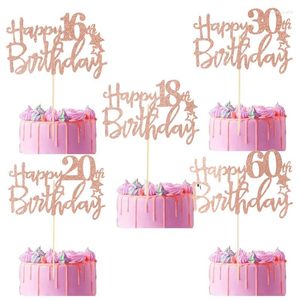 Festliga leveranser 3/5st Grattis på födelsedagen Cake Toppers Rose Gold Glitter 16th 20th 30th 40th Topper for Adult Decor Tool