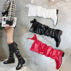 Stiefel Schuhe für Frauen Frühling Kniehohe Rot Schwarz Weiß Große Frau Plissee Low Heel Casual Leder Weibliche Lange