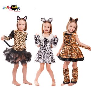 cosplay Eraspooky Cute Cartoon Animal Cosplay Ragazze Tiger Leopard Dress Costume di Halloween per bambini Natale Carnevale Outfit Fascia per capellicosplay