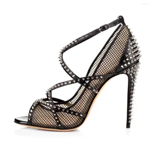 Sandalen Sommer Mode Atmungsaktiv Sexy Schwarz Fishnet Niet Damen Nude Farbe Peep Toe Schnalle Super High Heel Schuhe