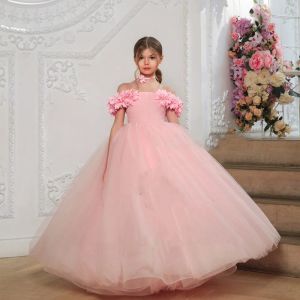 Elegante flor menina vestidos rosa fora do ombro barco pescoço tule macio para vestidos de festa de casamento de aniversário com flores