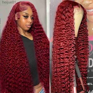 Syntetyczne 12-34-calowe fali fali czołowe 13x4 13x6 Czerwony Brazylijska HD koronkowa peruka 99J Bury Deep Curly Human Hair Wigsl231024