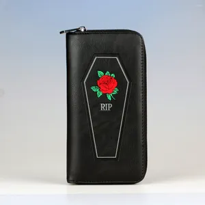 Plånböcker Coffin Rose Mönster Long Wallet Gothic dragkedja runt myntväska Halloween stor kapacitet