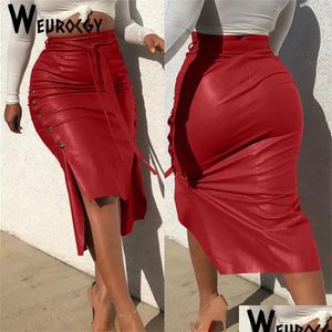 Vestido de duas peças moda mulheres cor sólida cintura alta pu couro midi saia lace up botão lateral magro lápis magro para senhoras streetwea ot65z