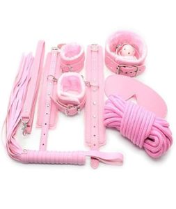 Pink Pu Fur Bondage Set Gag Whip Hand Ankle Cuffs Blindbind Neck Collar E94301S3227277