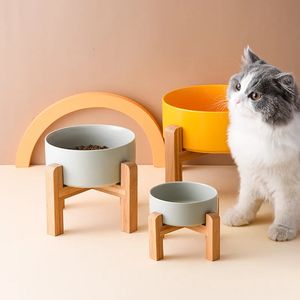 Dog Bowls Feeders Ceramics Dog Cat Food Bowl with High Bamboo Wooden Frame To Protect Cervical Spine Water Drinking Feeder Anti-knock 231023