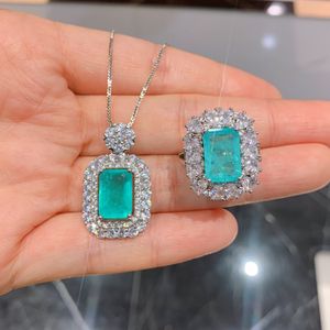 Kadın moda mücevher seti düğün hediyesi mavi yeşil kristal zirkon elmas açık yüzük kolye kolye