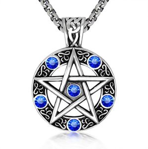 Hip Hop Antique Silver Plated Crstayl Men Necklace Five-pointed Star Pendent Man Pentagram Pentacle Necklace Young Boy Cool Long Chain Sport Necklace