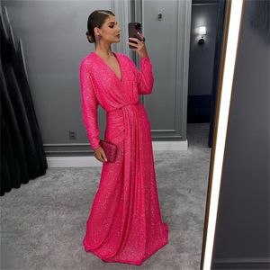 Fuchsia Sequined Evening Dresses V Neck Long Sleeve A Line Formal Gown Plus Size Pleat Womens Special Ocn Dress 326 326