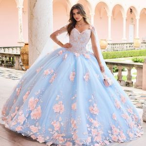 Sky Blue Princess Quinceanera Dresses Ball Gown Sweet 16 Dress Beads Appliques Lace Flower With Cape Birthday 15th Party Gown for Girl