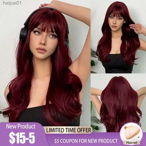 Synthetic Wigs HENRY MARGU Wine Red Long Wavy Synthetic Wig High Temperature Natural Wig with Bangs Colorful Party Cosplay Hair for Black WomenL231024