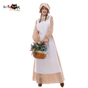 Косплей Eraspooky, средневековый костюм пионера прерий, женский костюм викторианской деревни, фартук с цветочным принтом, платье с капюшоном, исторические наряды на Хэллоуин, косплей
