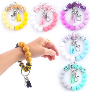 Silicone Round Beads Keychain Keyring For Women Wristlet Bracelet Pendant Keychain Holder Bangle Jewelry Accessories