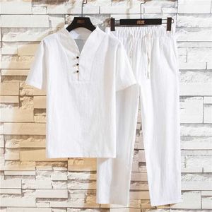 Herrspårar mode Vintage Summer Cotton Linen Kort ärm T-shirt+Drawstring Trousers Set Mäns Solid Color Home Casual Two Pieces Suits