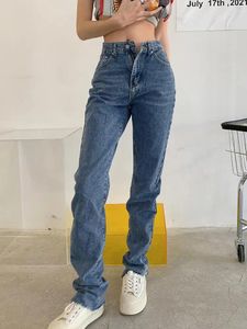 Calças femininas primavera outono retro cintura alta magro jeans feminino simples em linha reta 2023 moda streetwear azul versátil denim calças tendência