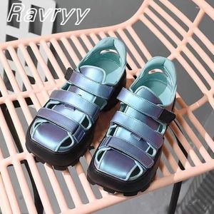 Leather Blue Micorfiber Sandals Toe Hollow 2024 Square Summer Thick Bottom Flat Shoes Silk Matte Breathable Women 972 147