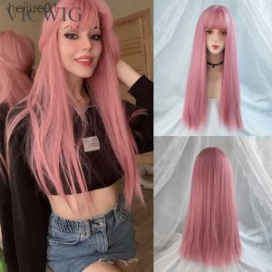 Synthetic Wigs VICWIG Cosplay Wig With Bangs Synthetic Straight Hair 24 Inch Long Heat-Resistant Pink Wig For WomenL231024