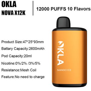 Okla Novax 12000 Puff Disposable Vape Pen Electronic Cigarette Starter Kit 0% 2% 3% 5% grossist vapers desechables 20 ml Inget behov av att ladda