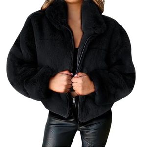 5xl Winter Women Women Faux Fur Harm Coat Moda Zipper Jackets de pelúcia sólidos