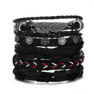 Charme pulseiras vintage folha pena multicamadas pulseira de couro masculino moda trançado artesanal estrela corda envoltório pulseiras presente masculino