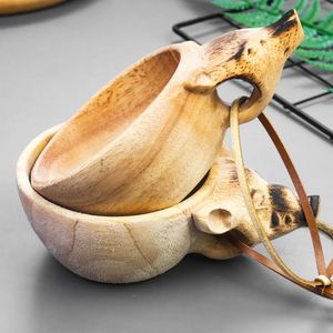 Mugs Hand Carved Kuksa Wooden Coffee Mug Animal Head Handle Camping Water Cup Scandinavian Juice Milk Tea Drinking Drinkware 231023