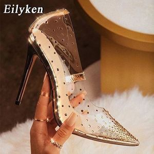 Sukienka buty Eilyken Spring Golden Rhinestone Pvc Przezroczyste kobiety pompki wysokie obcasy Seksowne spiczasty palec u nóg butów ślubnych Rozmiar 41 42 231024