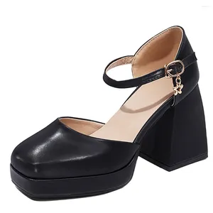 Dress Shoes Closed Toe Ankle Strap Block High Heel Pumps Platform Square Women Elegant Summer Office Ladies Heels White Black