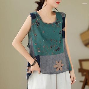 Women's Tanks Women's Cotton Linen T Shirt Ethnic Style Women's Retro Art Tank Top Summer 2023 Chinese Sleeveless Vest Printed