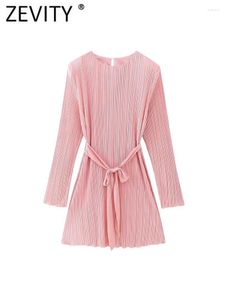 Casual Dresses Zevity 2023 Women Fashion O Neck Long Sleeve Pressed Pleated Fresh Pink Mini Dress Female Belt Party A Line Vestidos