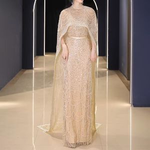 Seksi İnciler Lüks Tasarımcı Prom Elbiseleri 2023 Cape ile Şampanya Said Arabistan Dubai Elbise Kadınlar İçin Akşam Partisi Elbise