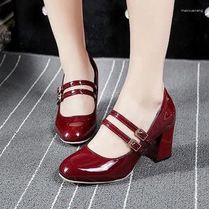 Dress Shoes Black High Heel 7.5cm Office Woman Platform Chunky Heels Ankle Strap Pumps Women Thick Bottom Non-slip Ladies