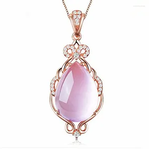 Pendant Necklaces Ociki Rose Gold Color Ross Quartz CZ Crystal Pink Opal Jewelry Necklace For Women Girls Gift Chokers Drop