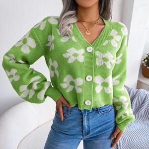Suéteres femininos 2023 outono e inverno roupas moda contraste cor flor lanterna manga cardigan suéter casaco