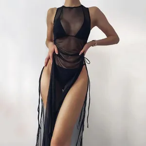 Mulheres Swimwear Skinny Beach Dress Bikini 3 Peças Set Sexy See-Through Long Chiffon Cover Ups Acolchoado Up Wrap