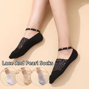 Women Socks 1 Pair Girls Thin Pearl Summer Lace Flower Short Sock Breathable Anti-Slip Ankle Female Invisible