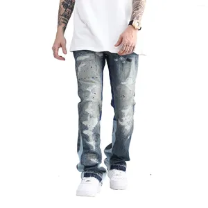 Jeans masculinos azul mancha tinta lavada destruída flared jean calças hip hop graffiti rasgado denim para homens streetwear vintage largo