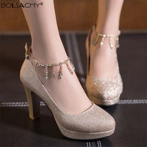 Klänningskor Spring Gold High Heels Platform Woman Pumps Autumn Luxury Crystal Ankle Ctrap Wedding Shoe Tacones Mujer Silver Pink 31-43 231024