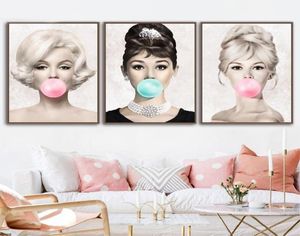 Audrey Hepburn Bubble Gum Wall Art Tela Pittura a olio Moda Poster Brigitte Bardot Marilyn Stampe Immagini Home Decor1386090