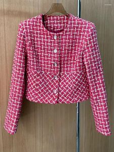 Giacche da donna Autunno Inverno Giacca scozzese rossa in tweed Donna Top Cappotto monopetto Donna O-Collo Tasca Slim Ladies Chaquetas Mujer